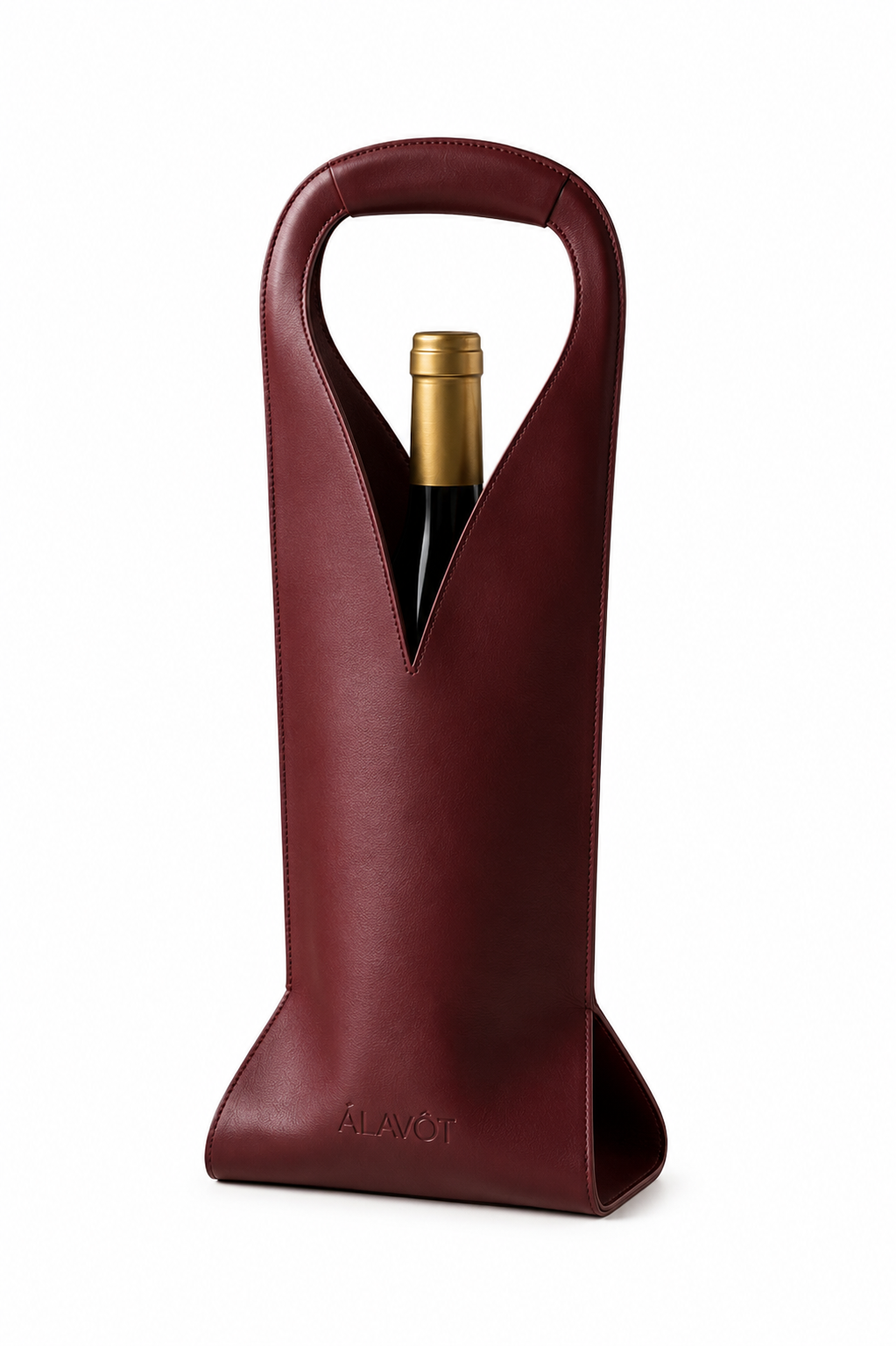 Close-up of a burgundy faux leather tote bag, wine bottle holder, gift bag  with 'ALAVOT' branding on a white background