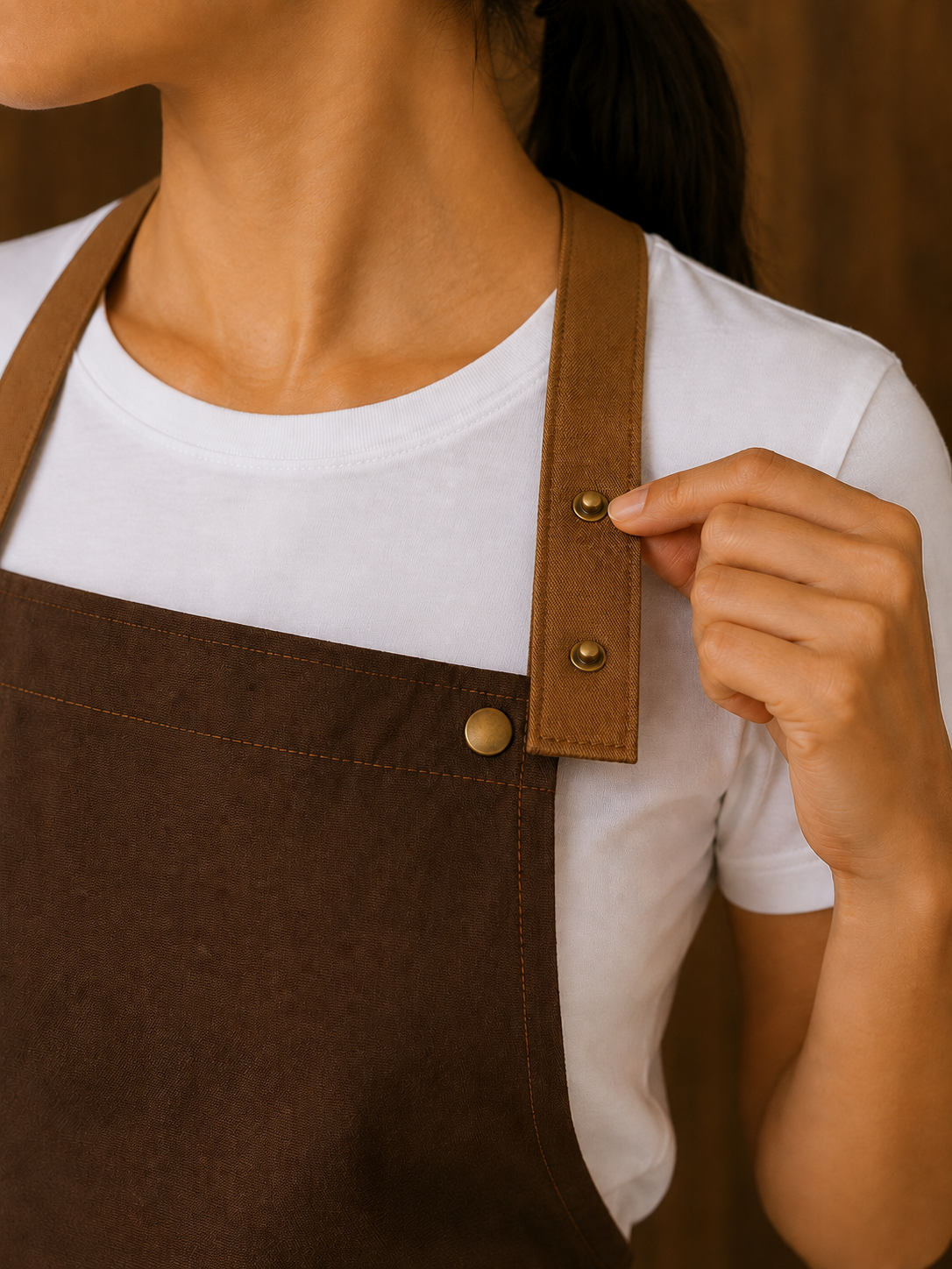 Person wearing a brown apron over a white shirt showing push button closures