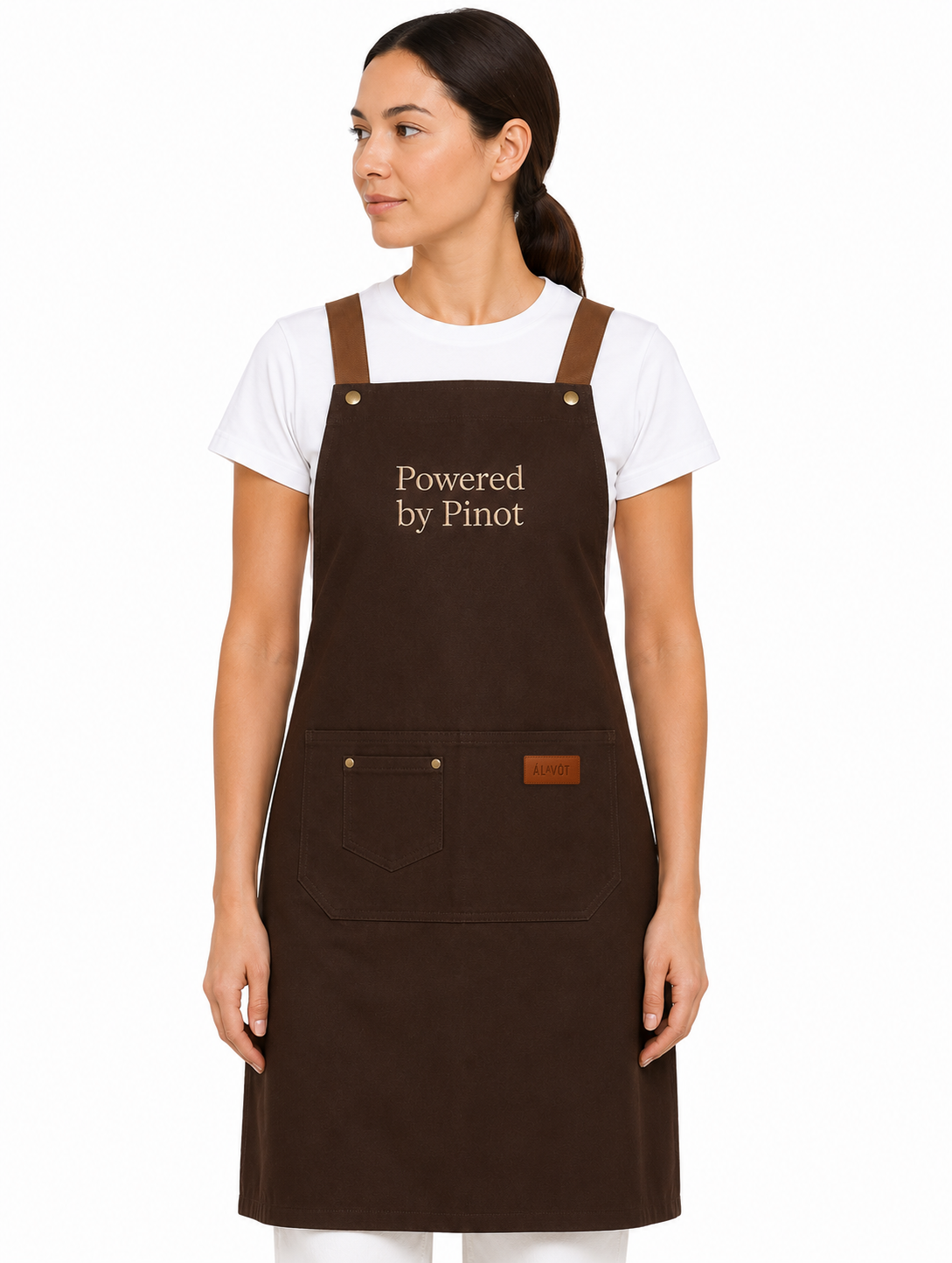Person wearing a brown apron with 'Powered by Pinot' text on a white background
