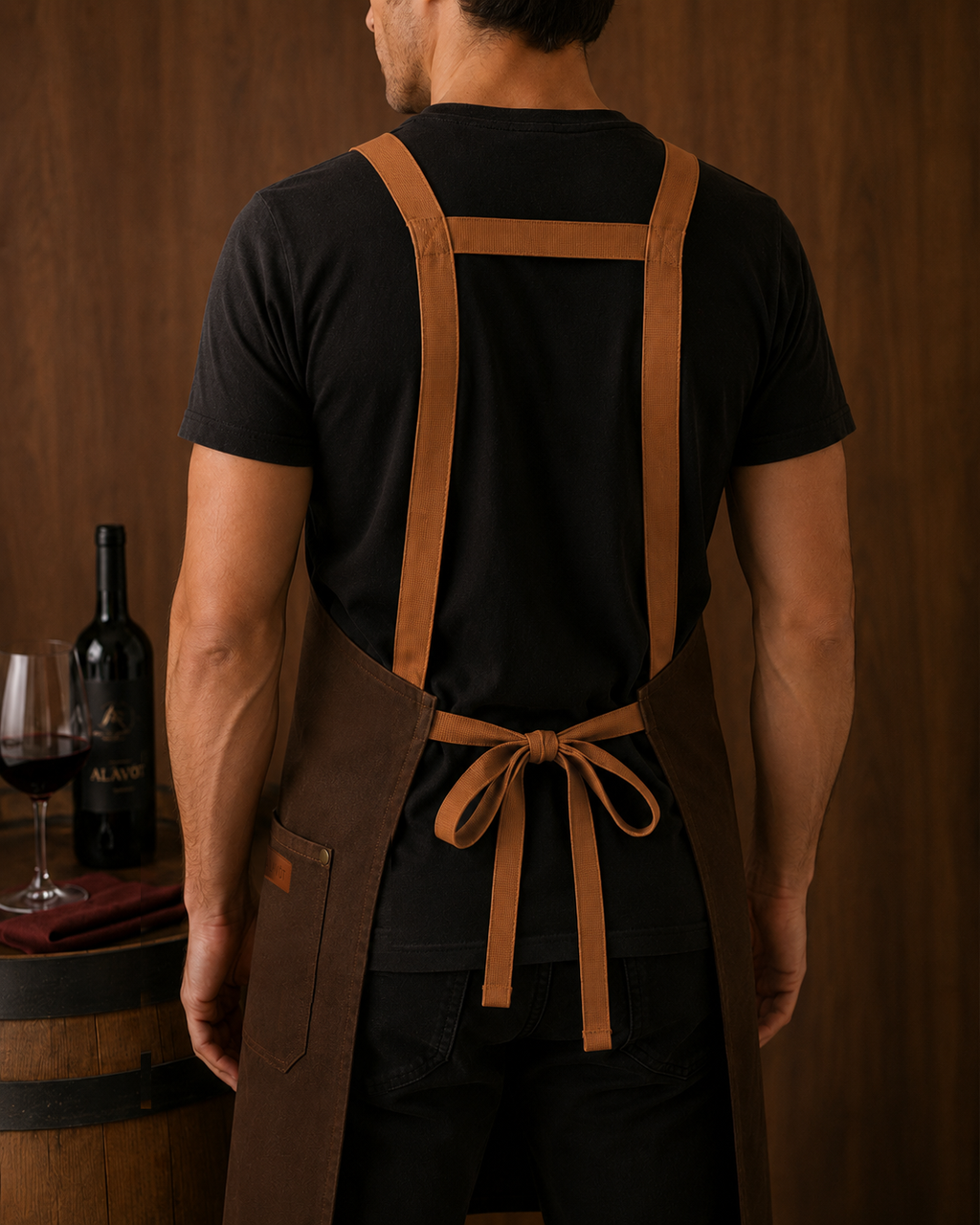 Person wearing a brown apron with a wooden background