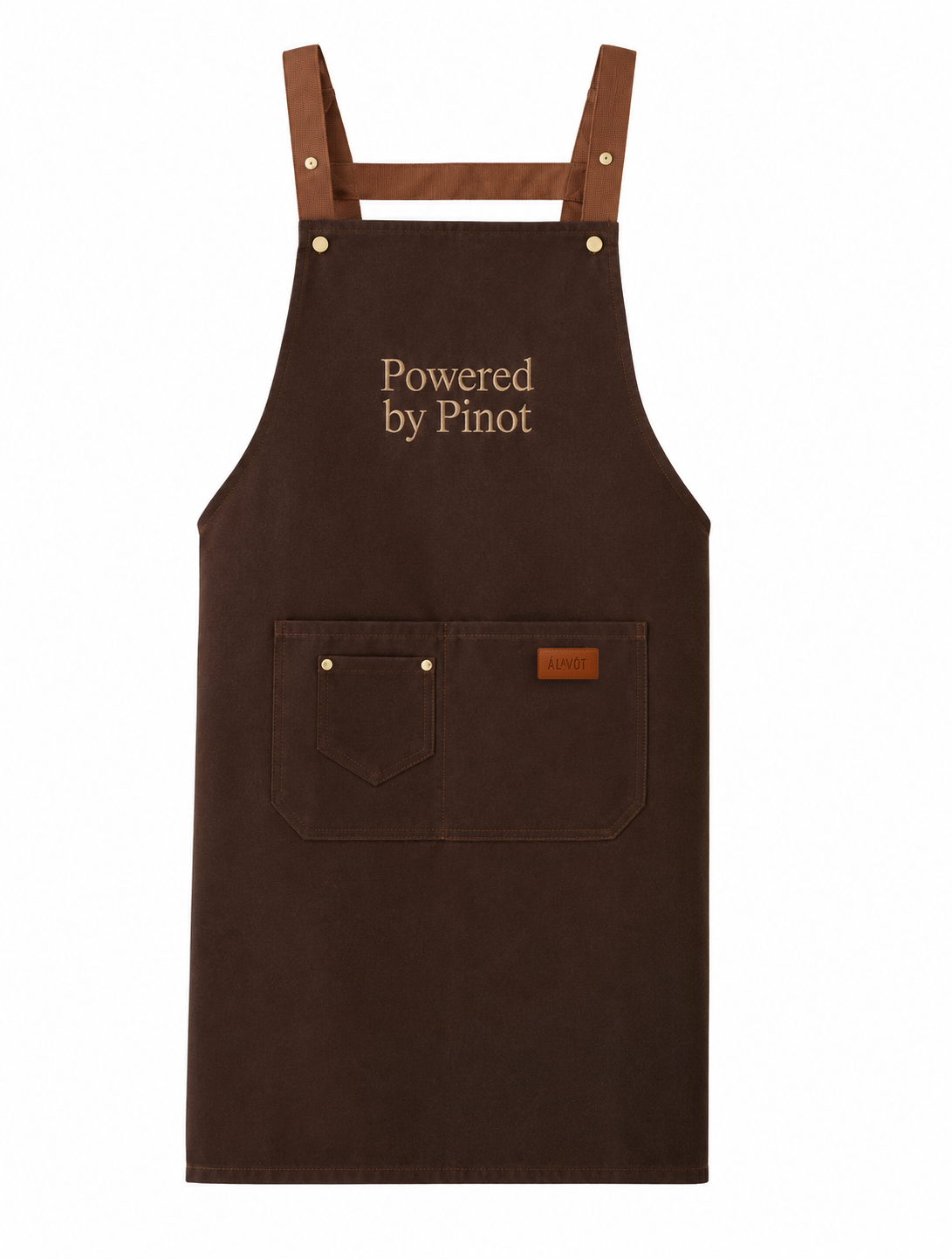 Brown apron with embroidered 'Powered by Pinot' text on a white background. Alavot brand