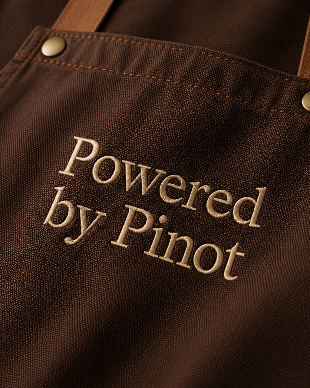Brown apron with embroidered 'Powered by Pinot' text on a dark background