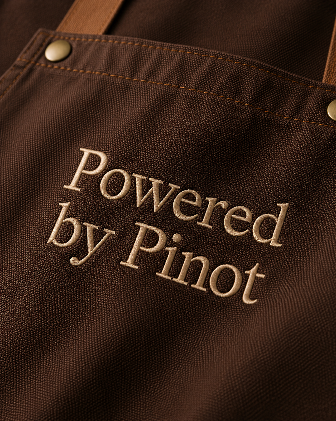 Brown apron with embroidered 'Powered by Pinot' text on a dark background