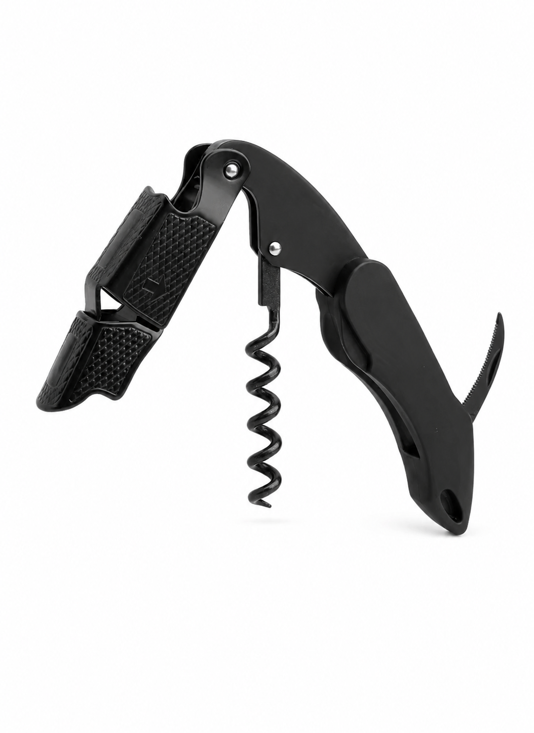Black corkscrew wine bottle opener on a white background