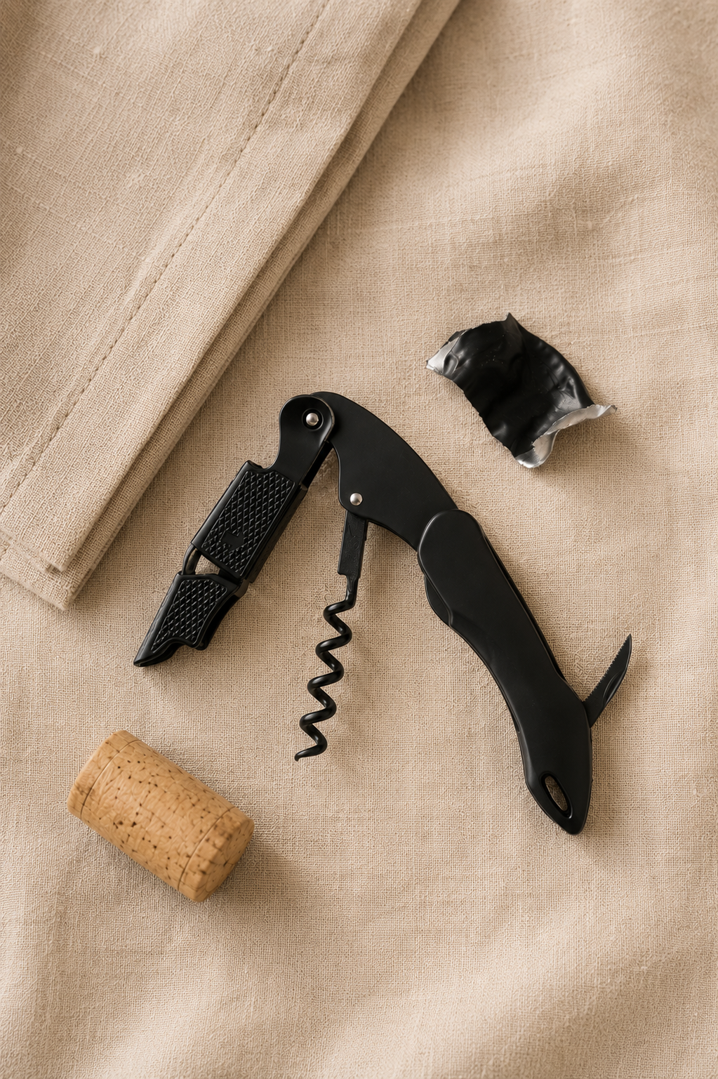 Black corkscrew with a cork and foil on a beige surface