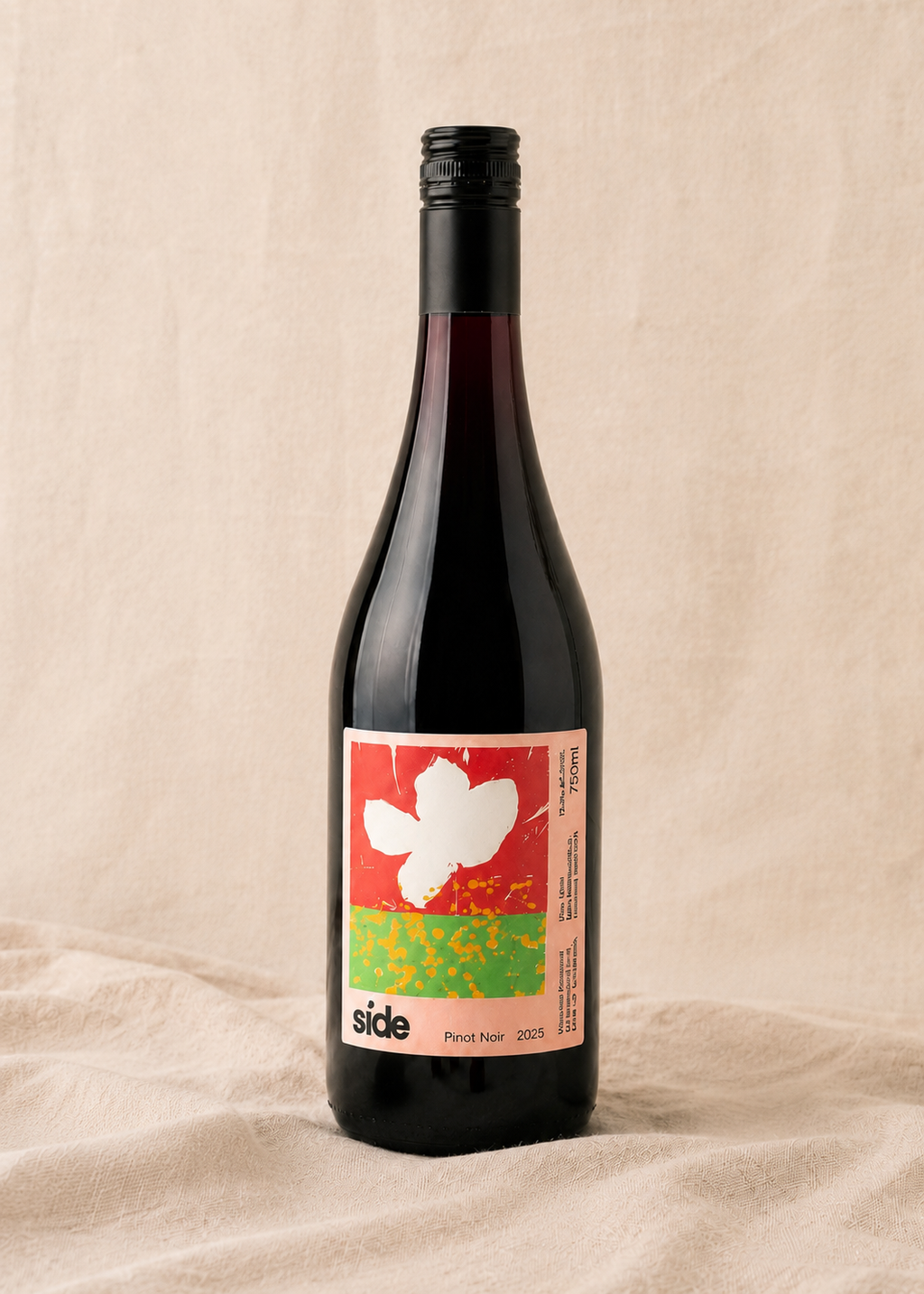 Bottle of Side wines Pinot Noir for Alavot on linen background