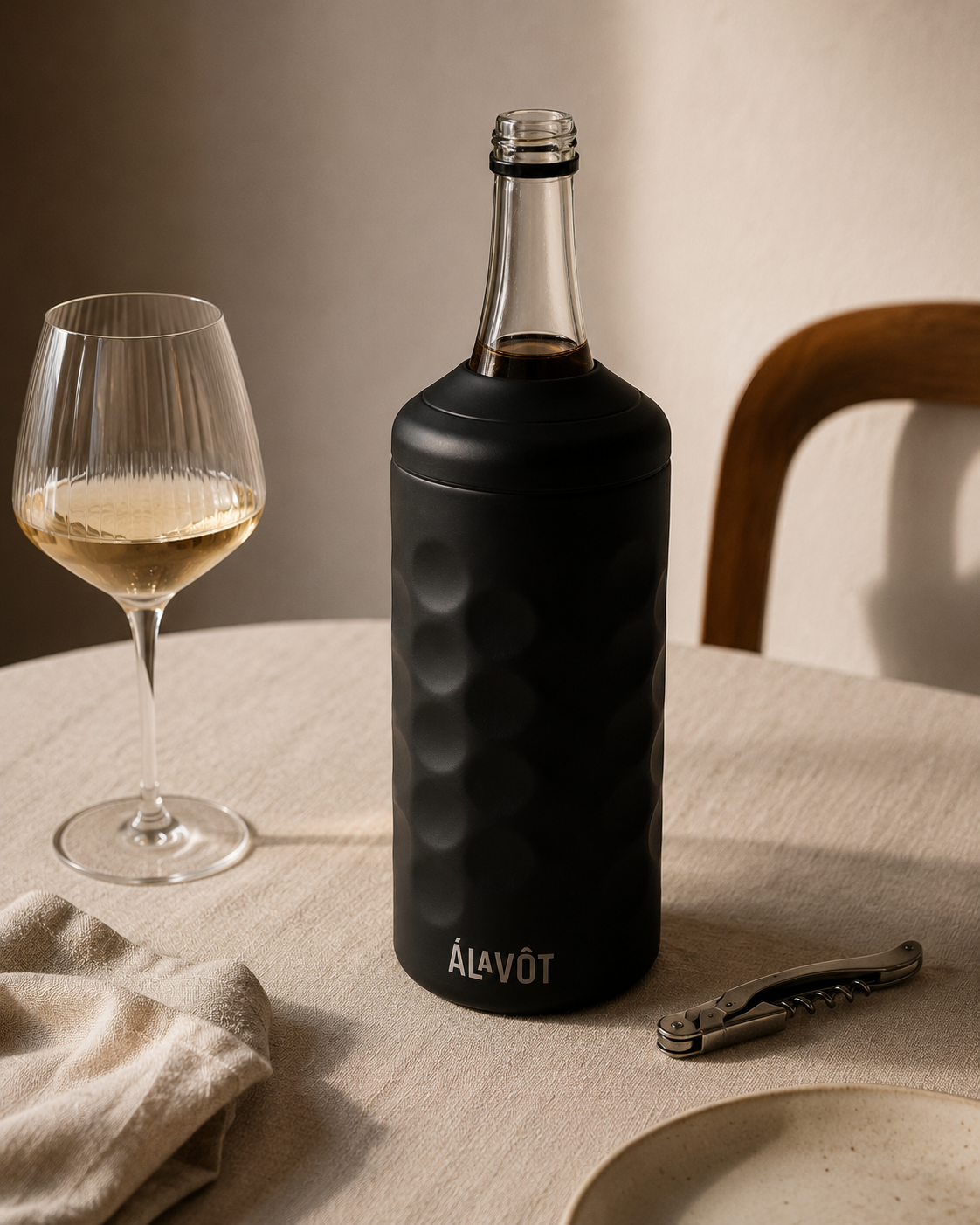 Insulated Black wine bottle cooler with a wine bottle and glass on a table.