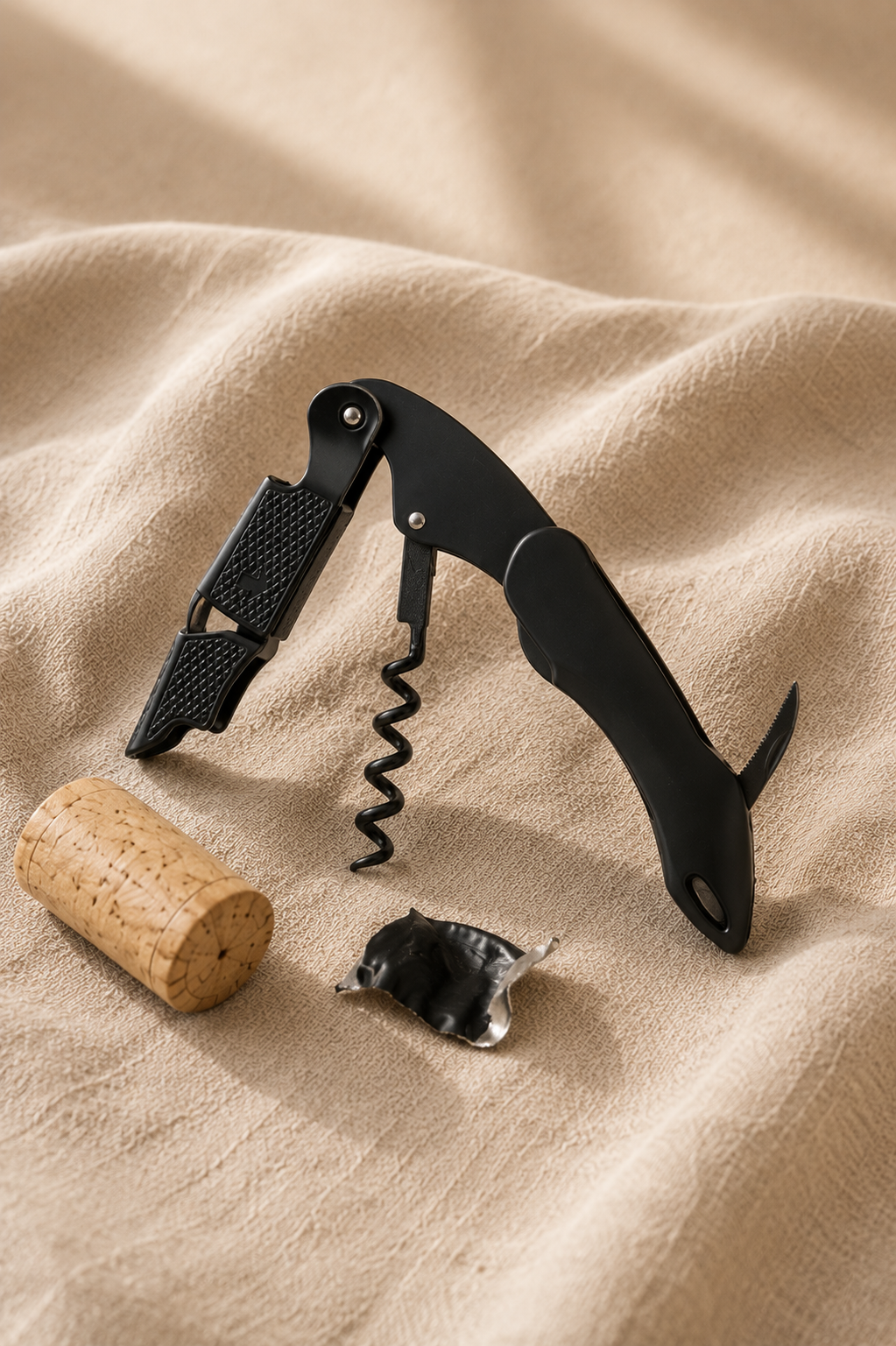Black corkscrew wine bottle opener with a cork and wine on a beige fabric background