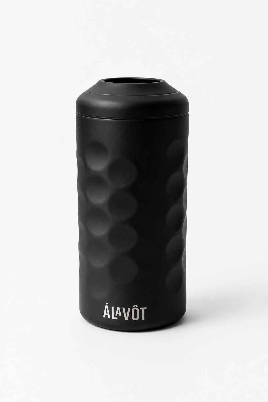 Black Insulated wine cooler with etched Alavot logo on white background