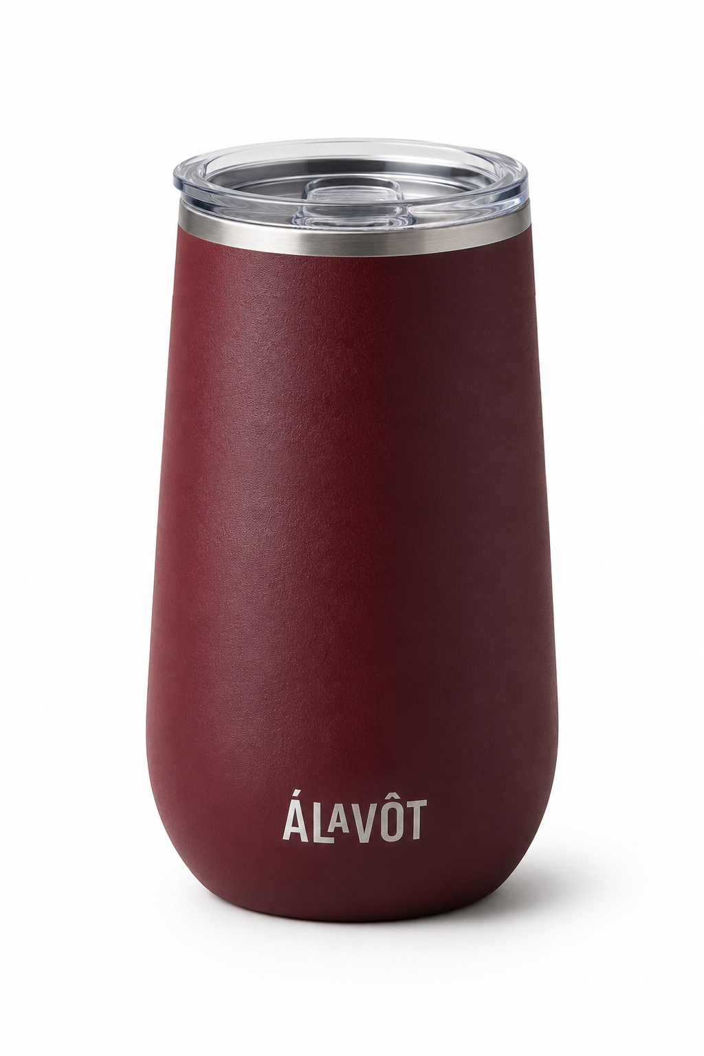 Maroon insulated wine tumbler with clear lid and Alavot silver etched logo on a white background