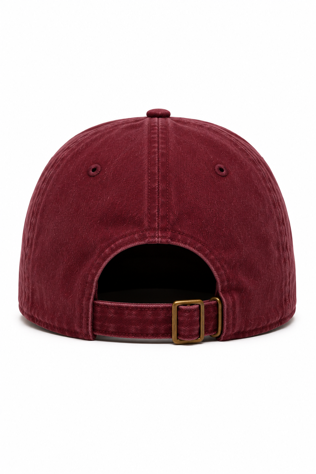 Maroon  Burgandy baseball cap with a gold buckle on a white background