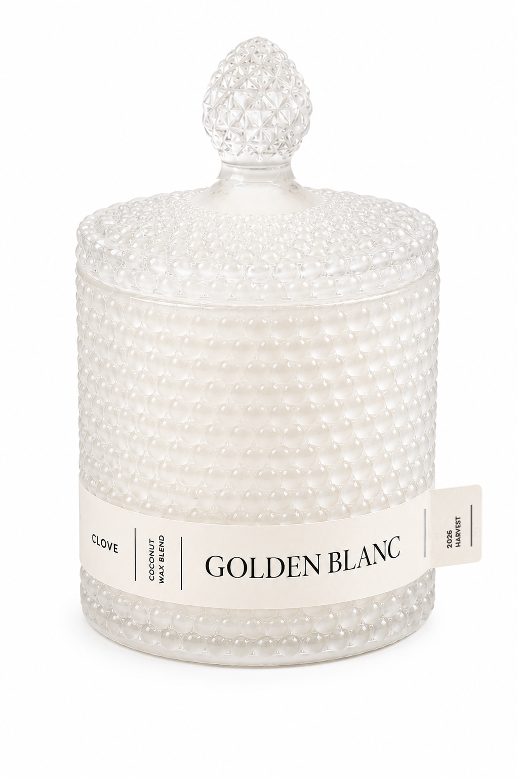Decorative scented candle with a textured white lid and label on a white background. Alavot
