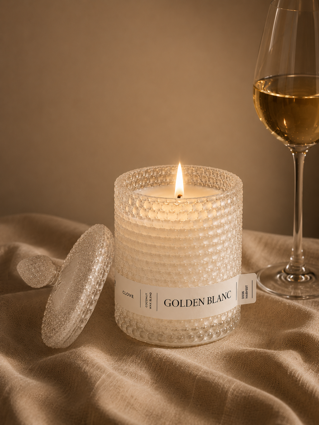 Scented Candle labeled 'Golden Blanc' with a glass of white wine on a textured surface.alavot