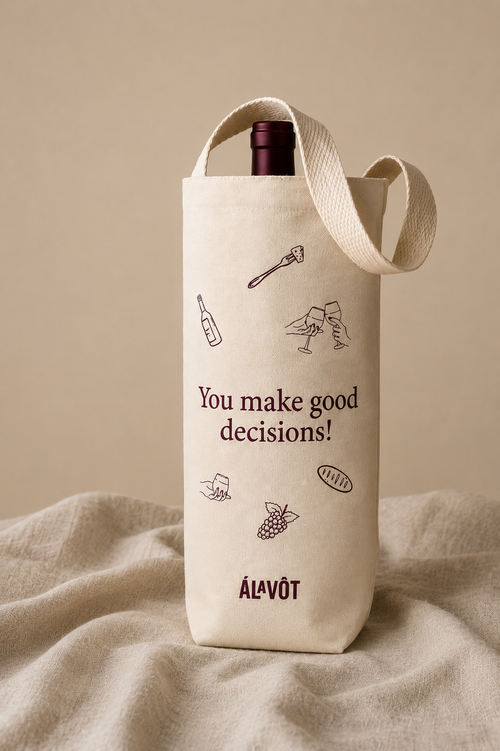 Wine bottle carrier canvas tote cotton with decorative elements and text on a beige background