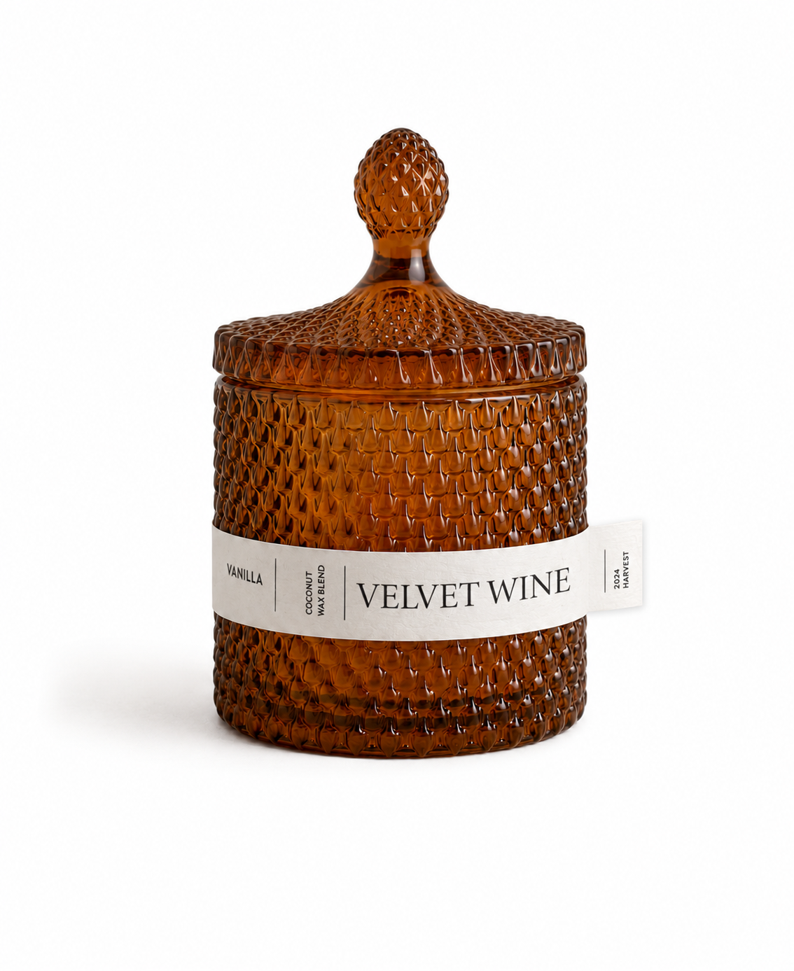 Scented Candle labeled 'Velvet Wine' on white beige fabric background. Alavot